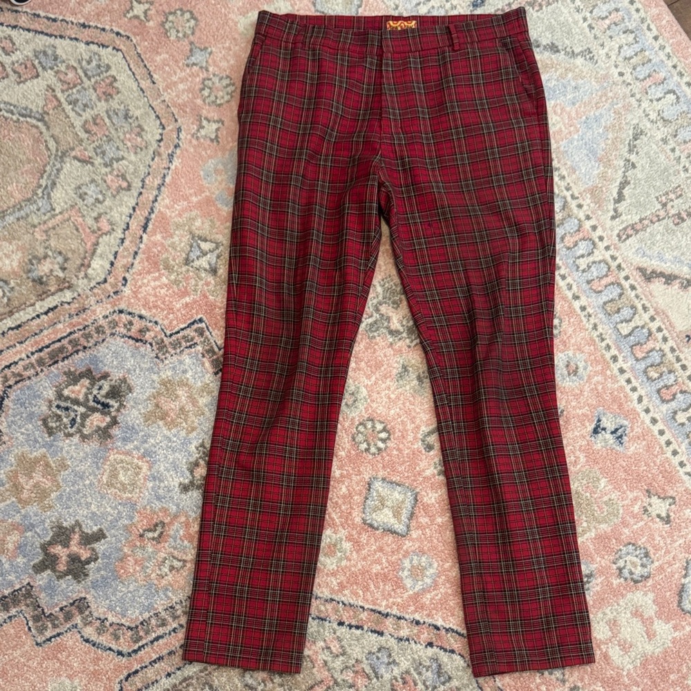 Run & Fly Retro Mod Stretch Red Royal Stewart Tartan Trousers
